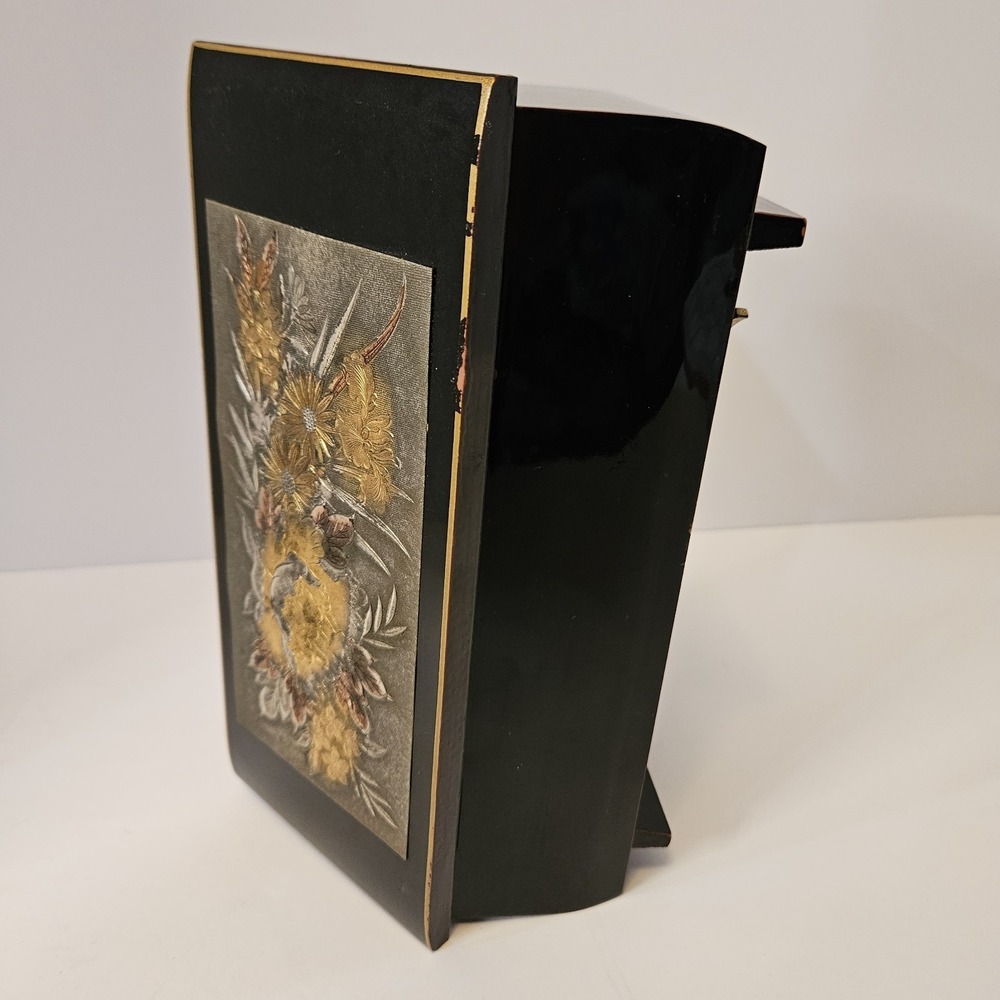VTG Yokohama Jewelry Music Box Wood Black Metallic Yellow Floral Design Japan 8" - Picture 3 of 7